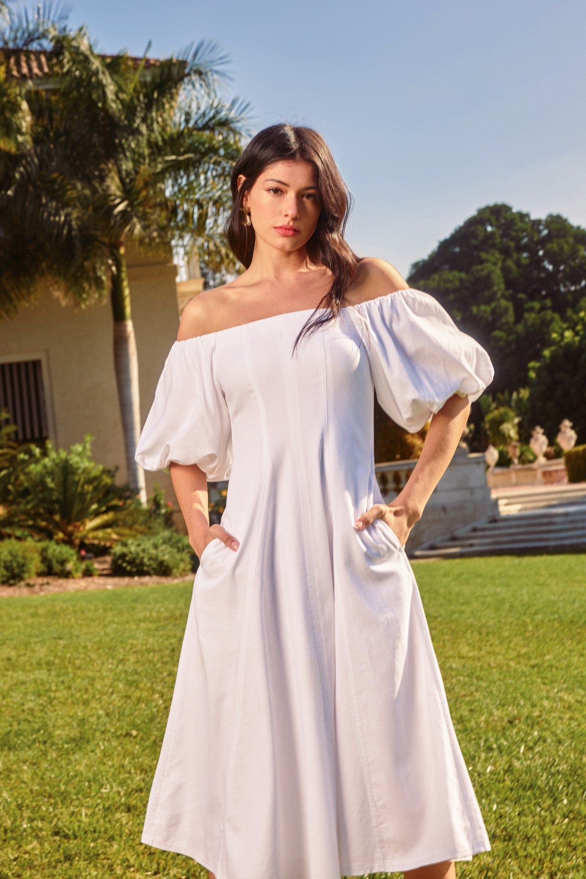 Off-The-Shoulder Linen Midi Dress Off-The-Shoulder Linen Midi Dress