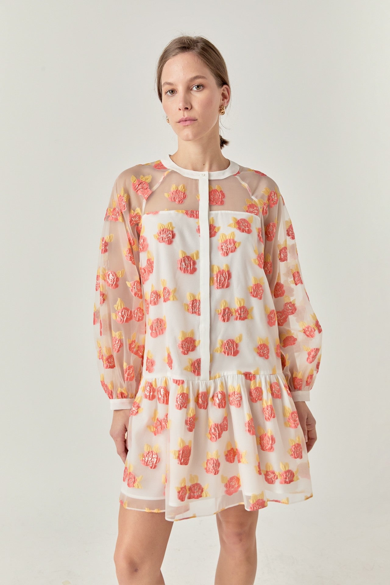 floral organza mini dress Floral Organza Buttoned Mini Dress