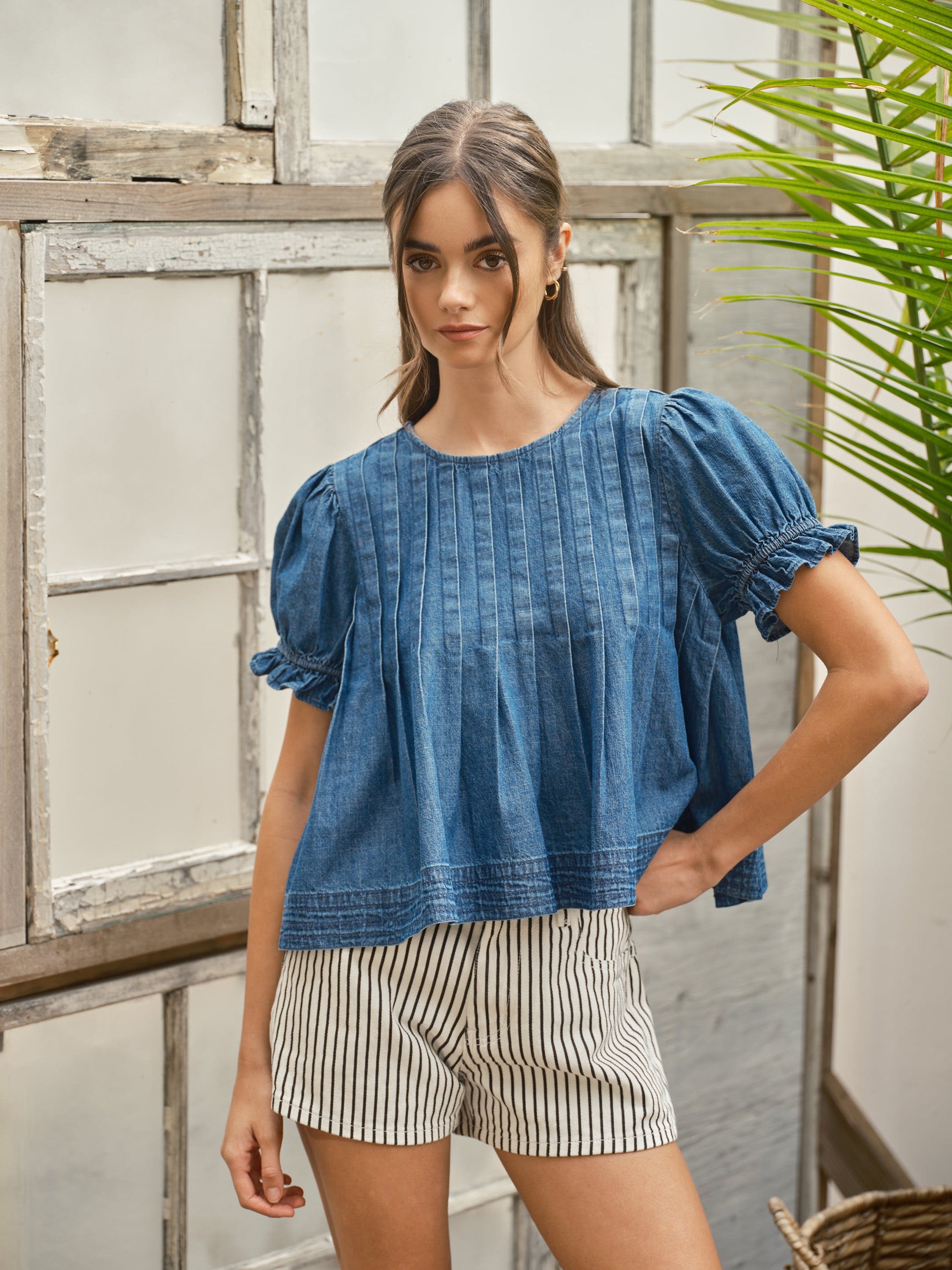 Denim Pleated Blouse