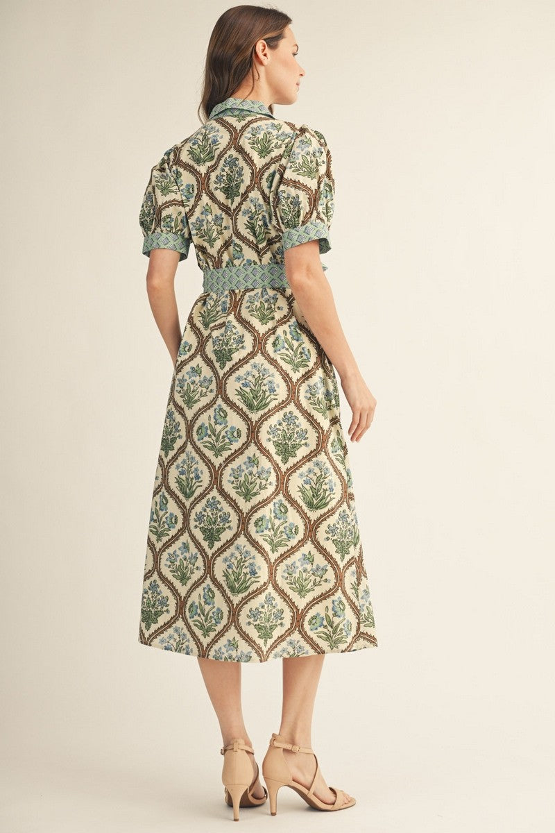 Floral Contrast Tie Midi Dress