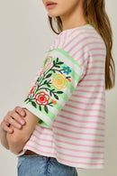 Rose Embroidered Mix Stripe Tee