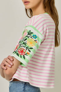 Rose Embroidered Mix Stripe Tee