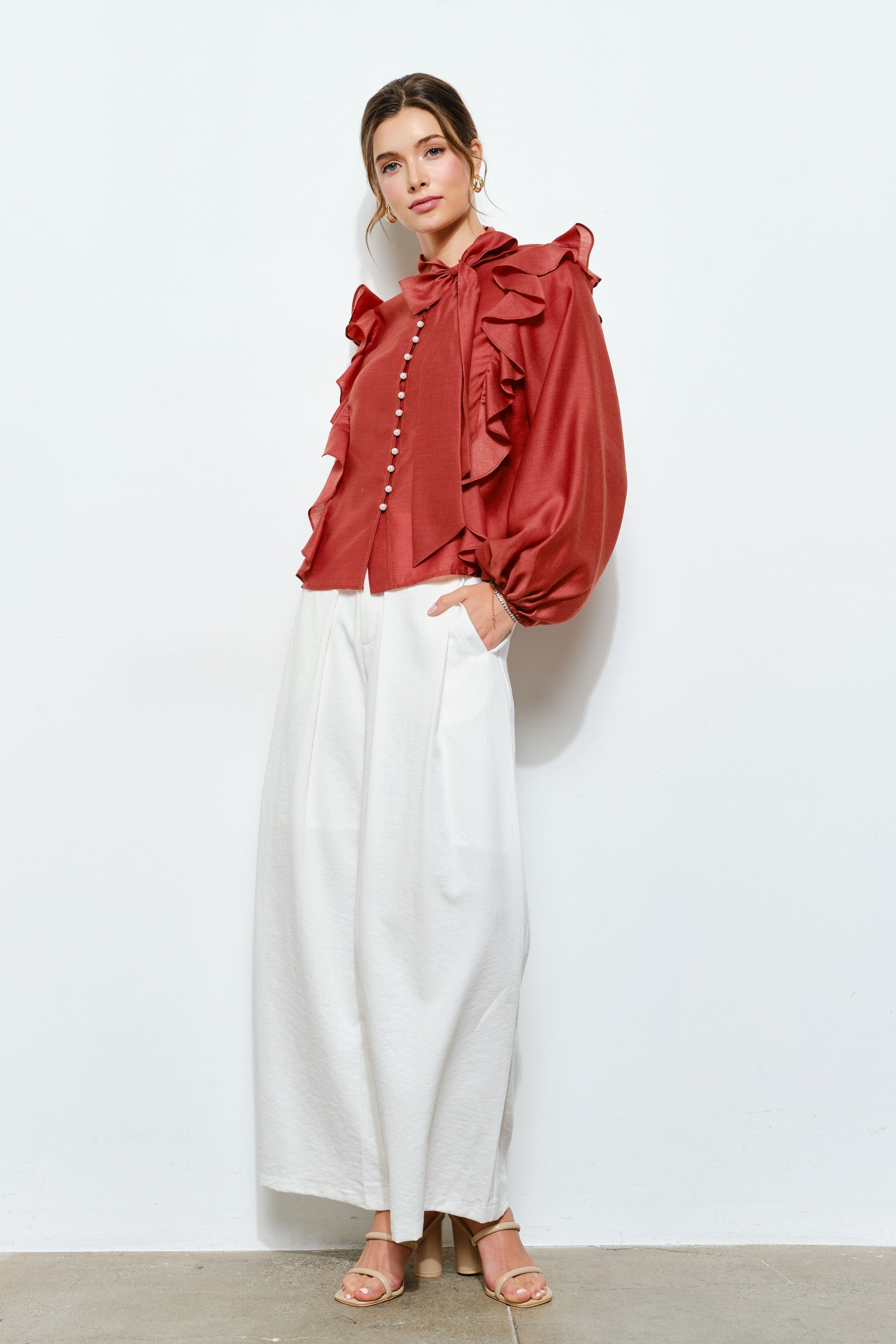 Bow Tie Blouse with Pearl Buttons