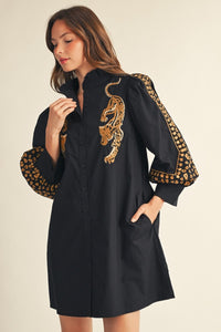 Leopard Embroidered Button Down Dress