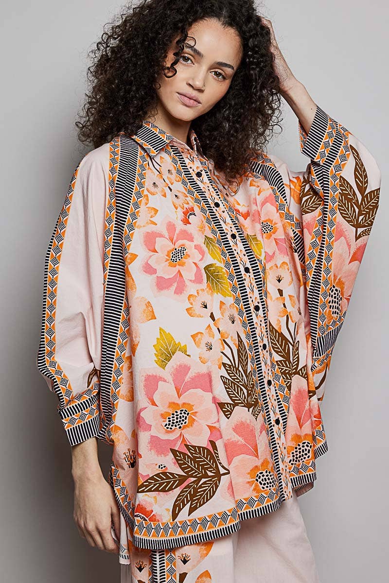 Boho Floral Print Button-Down Batwing Shirt