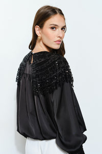 Beaded Sequin Yoke Satin Top