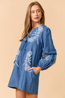 Embroidered Front-Tie Mini Dress