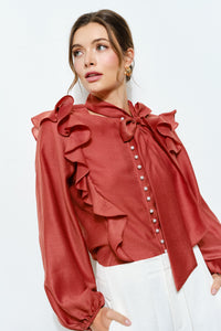 Bow Tie Blouse with Pearl Buttons