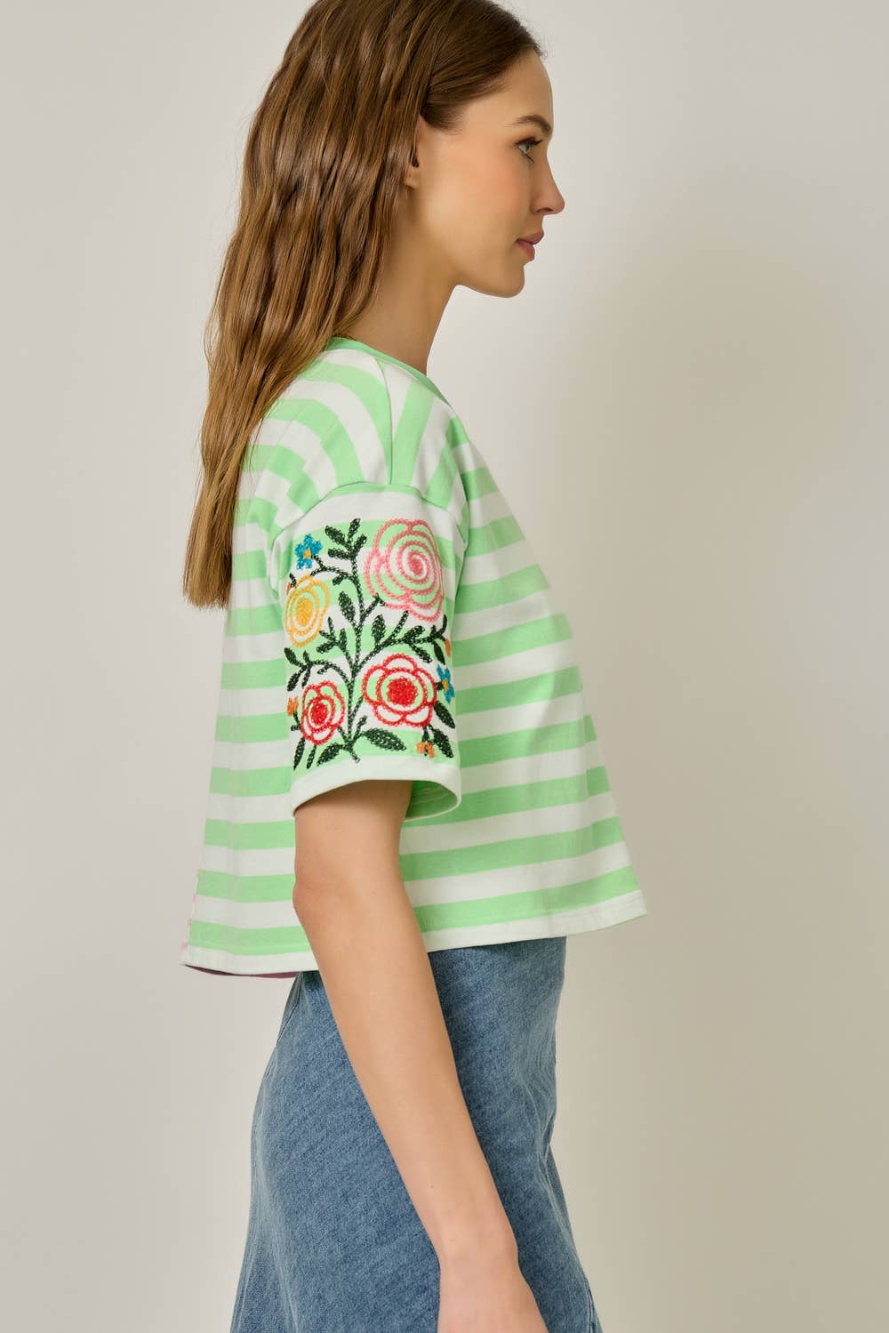 Rose Embroidered Mix Stripe Tee