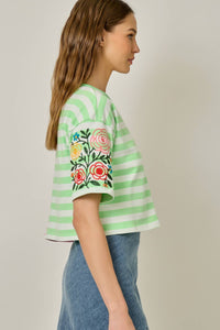 Rose Embroidered Mix Stripe Tee