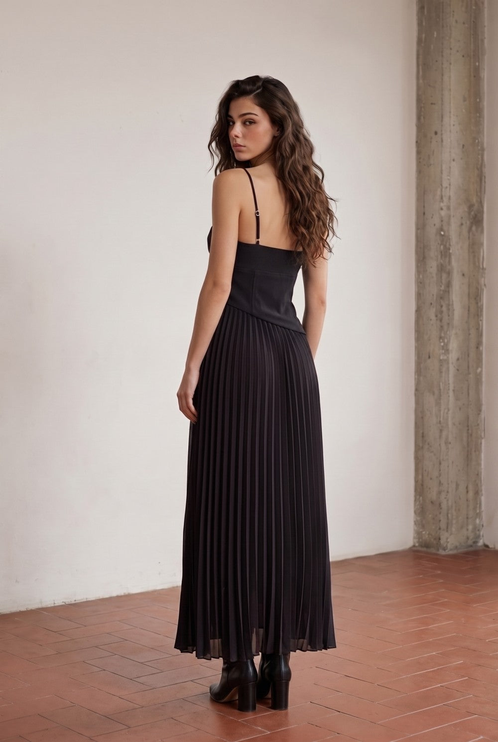 Asymmetric Waist Pleated Midi Dress