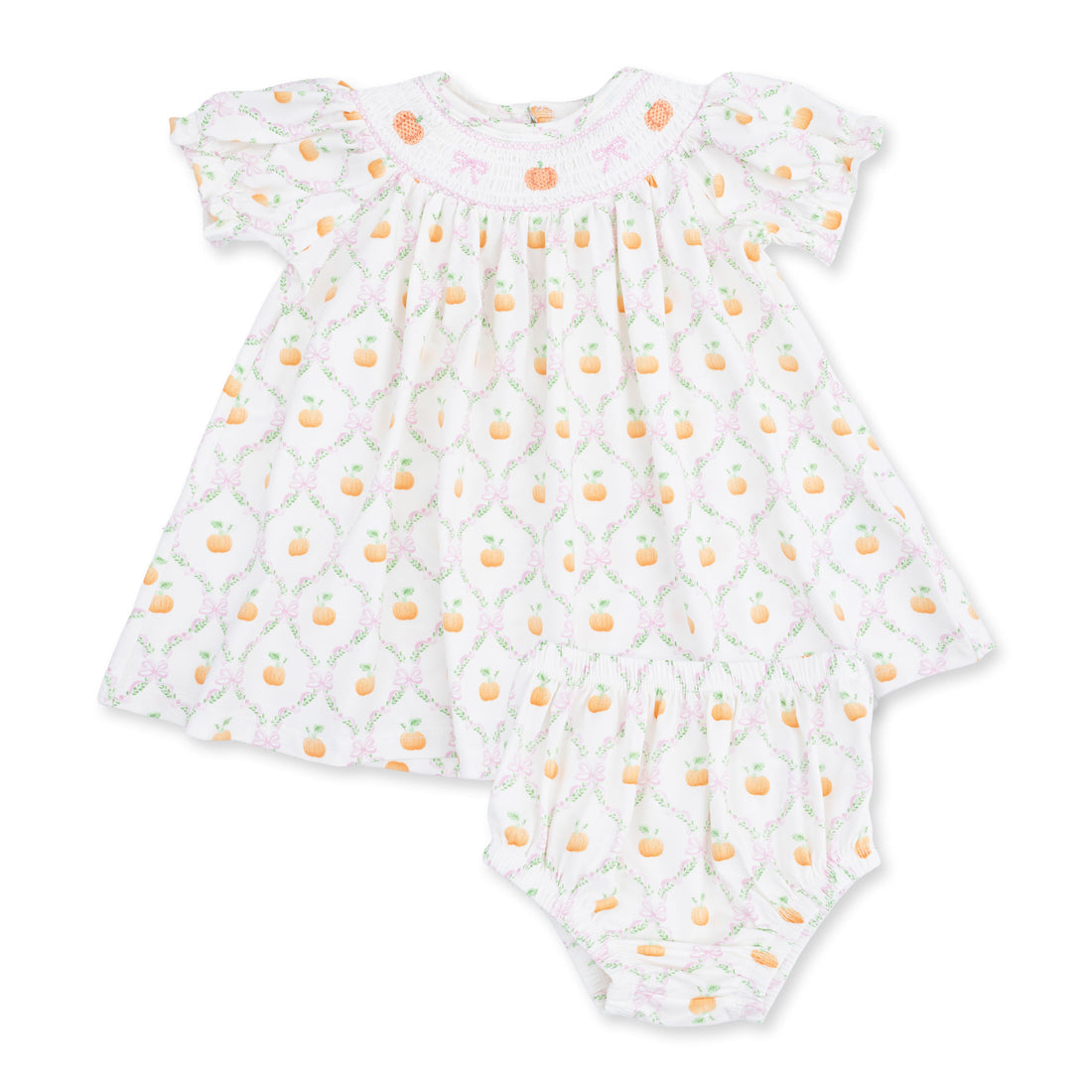 Pretty Pumpkin Trellis Puff Sleeve Bishop Dress and Bloomer