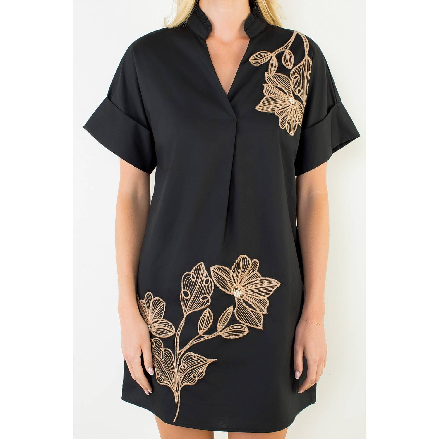 Embroidered Floral Collared Mini Dress