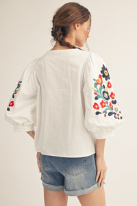 Embroidered Notched V-Neck Top