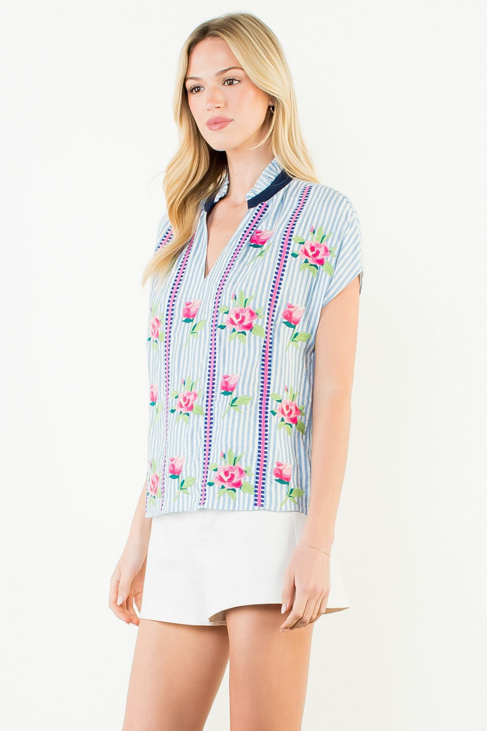 Embroidered Stripe V-neck Top