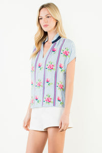 Embroidered Stripe V-neck Top