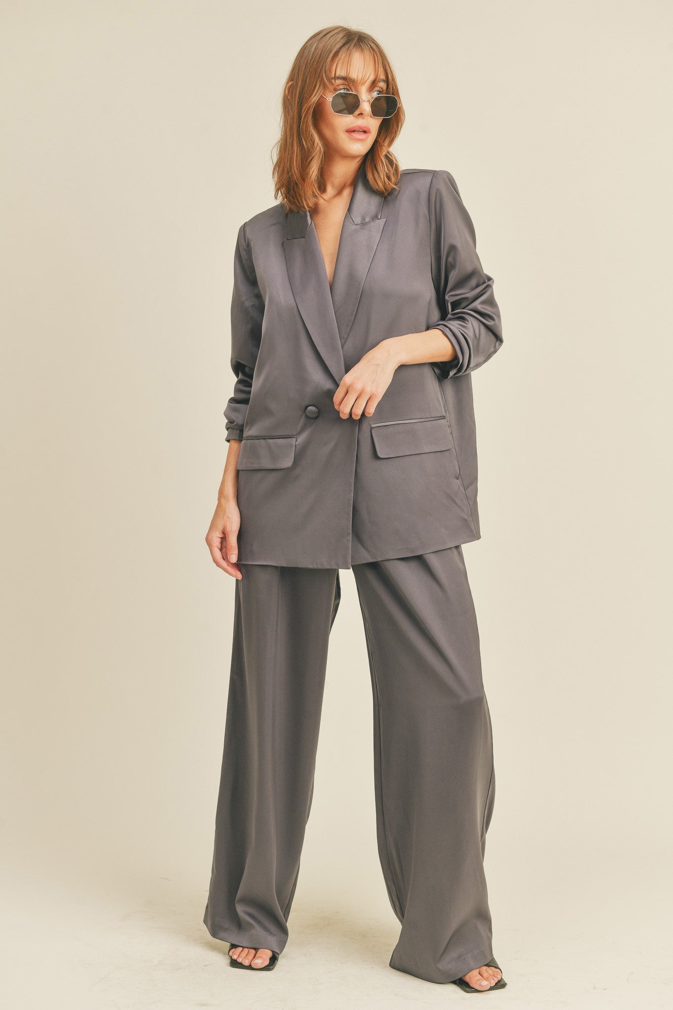 Satin Blazer And Wide Leg Pants Set