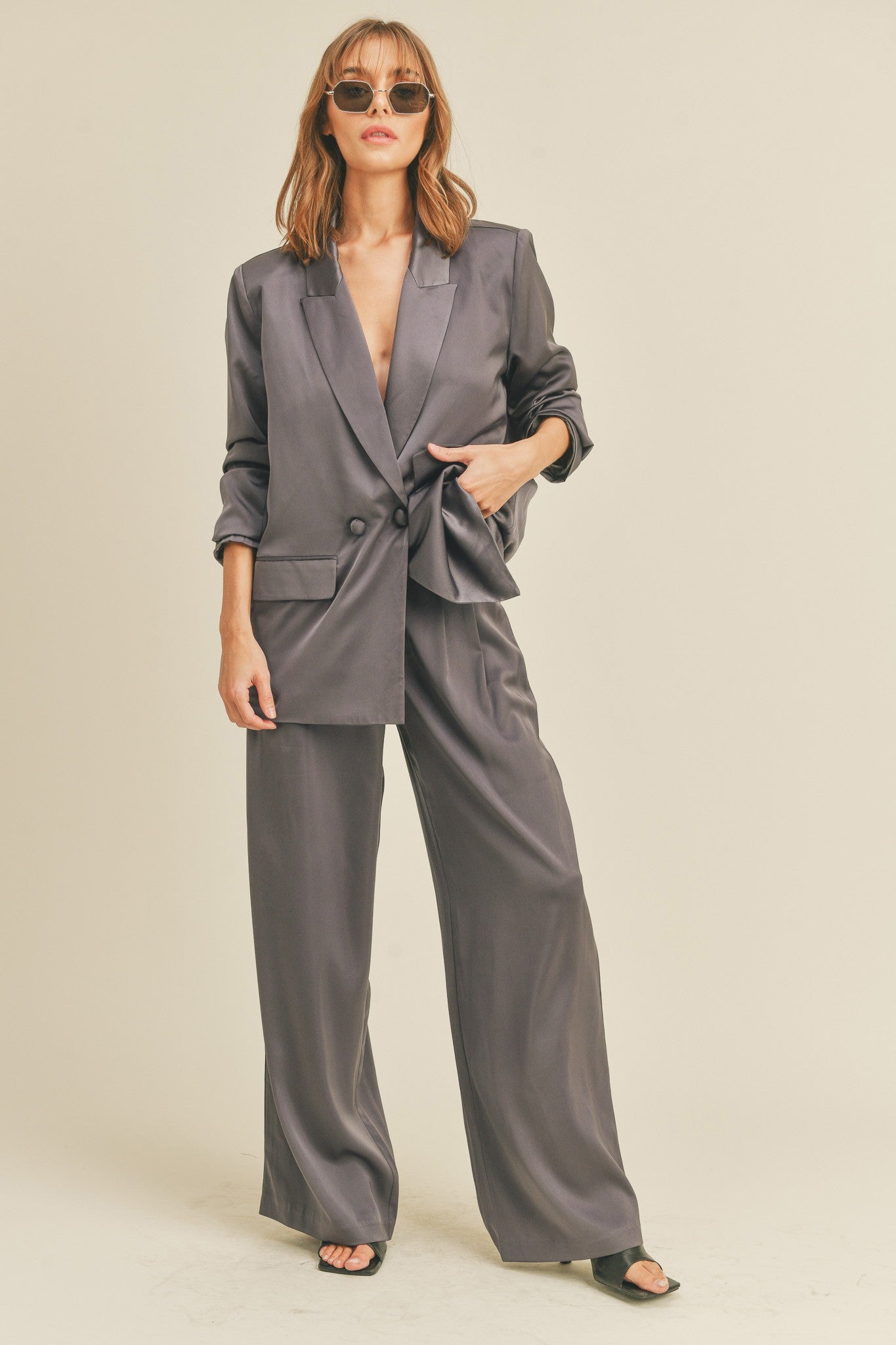 Satin Blazer And Wide Leg Pants Set