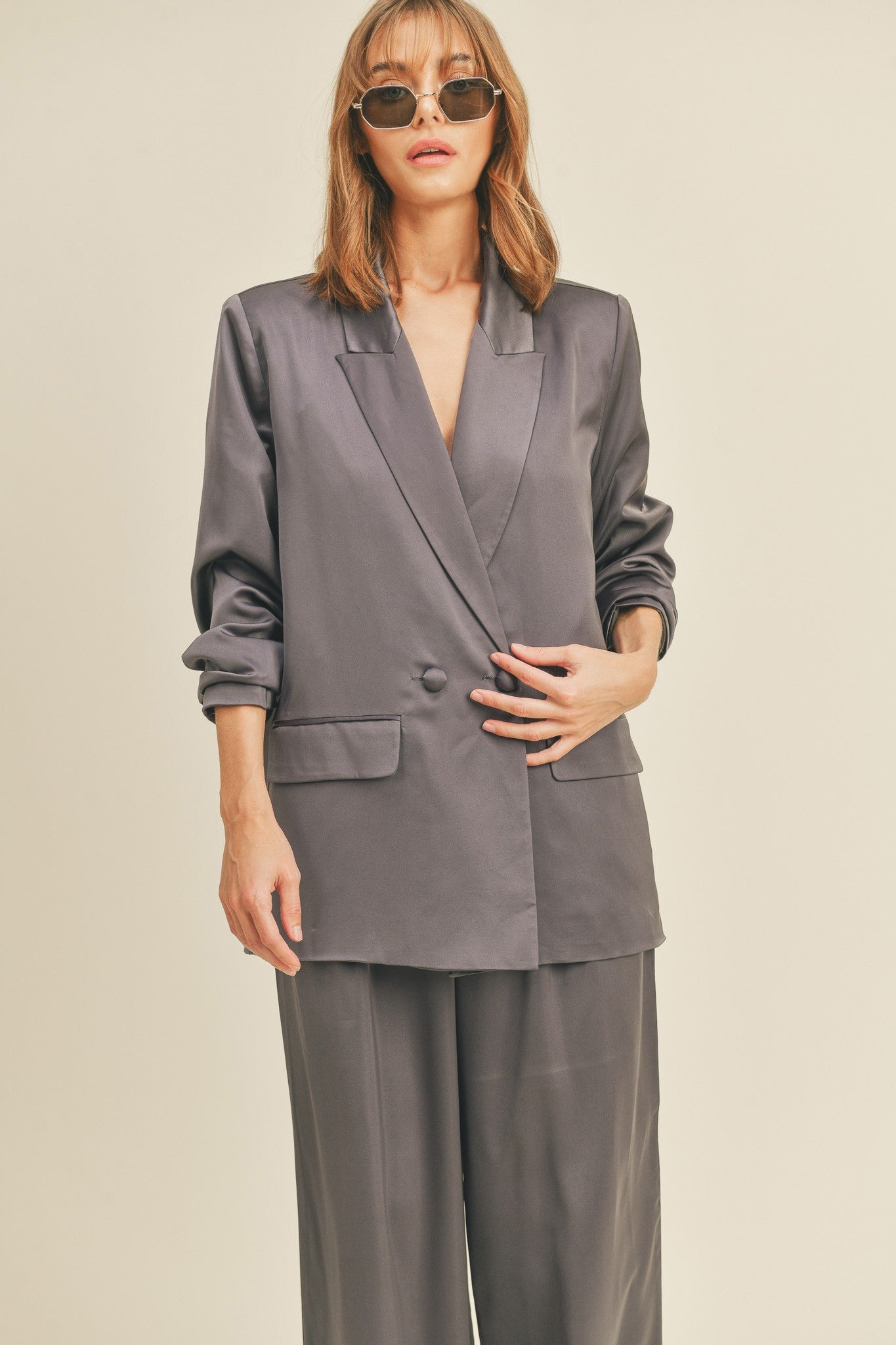 Satin Blazer And Wide Leg Pants Set