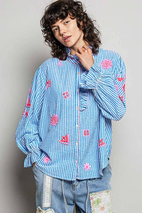 Embroidered Blue Striped Blouse