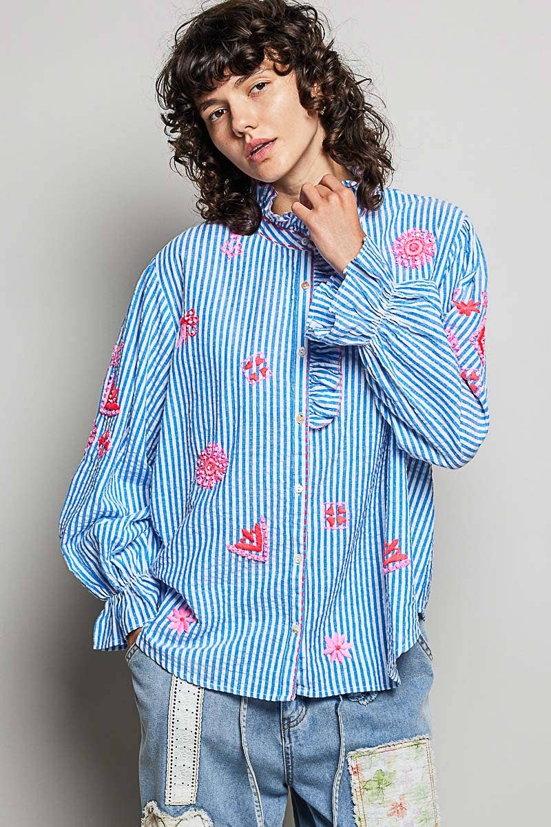 Embroidered Blue Striped Blouse