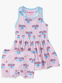 Patriotic Gingham Pleated Skirt Active Dress & Bike Short Set