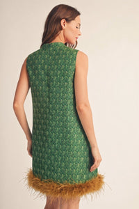 Feather Trim Jacquard Mini Dress