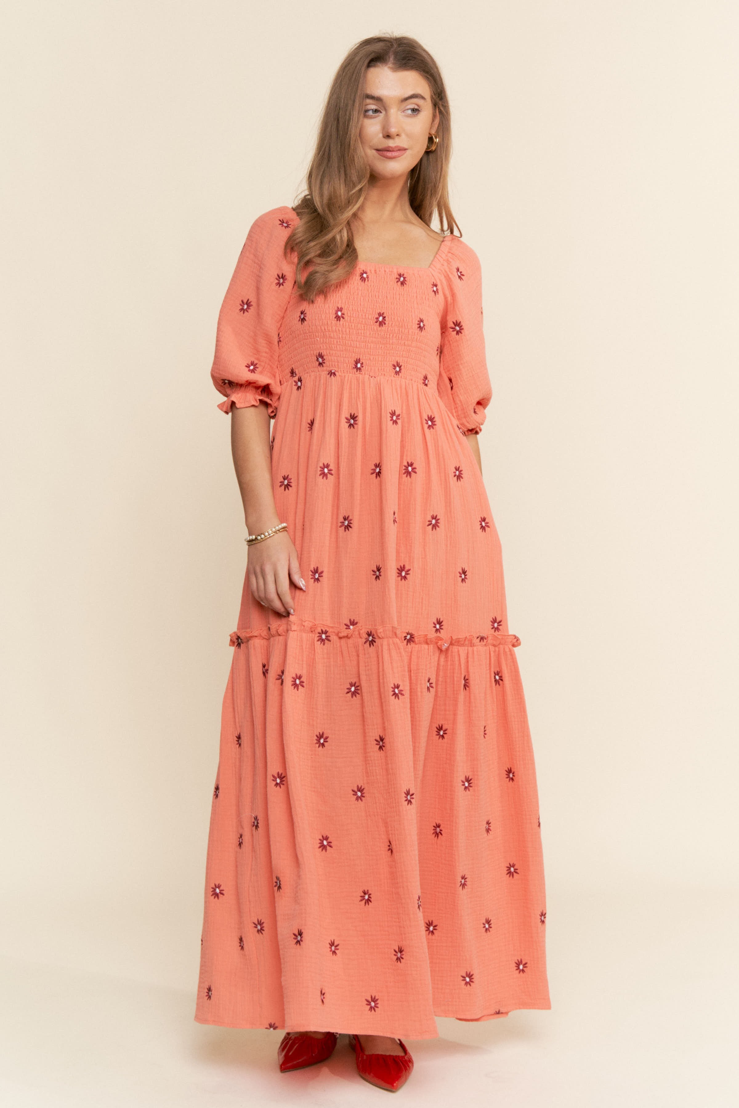 Floral Embroidered Gauze Maxi Dress