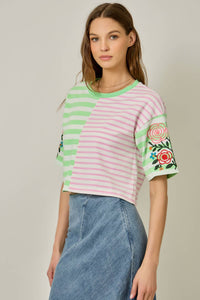 Rose Embroidered Mix Stripe Tee