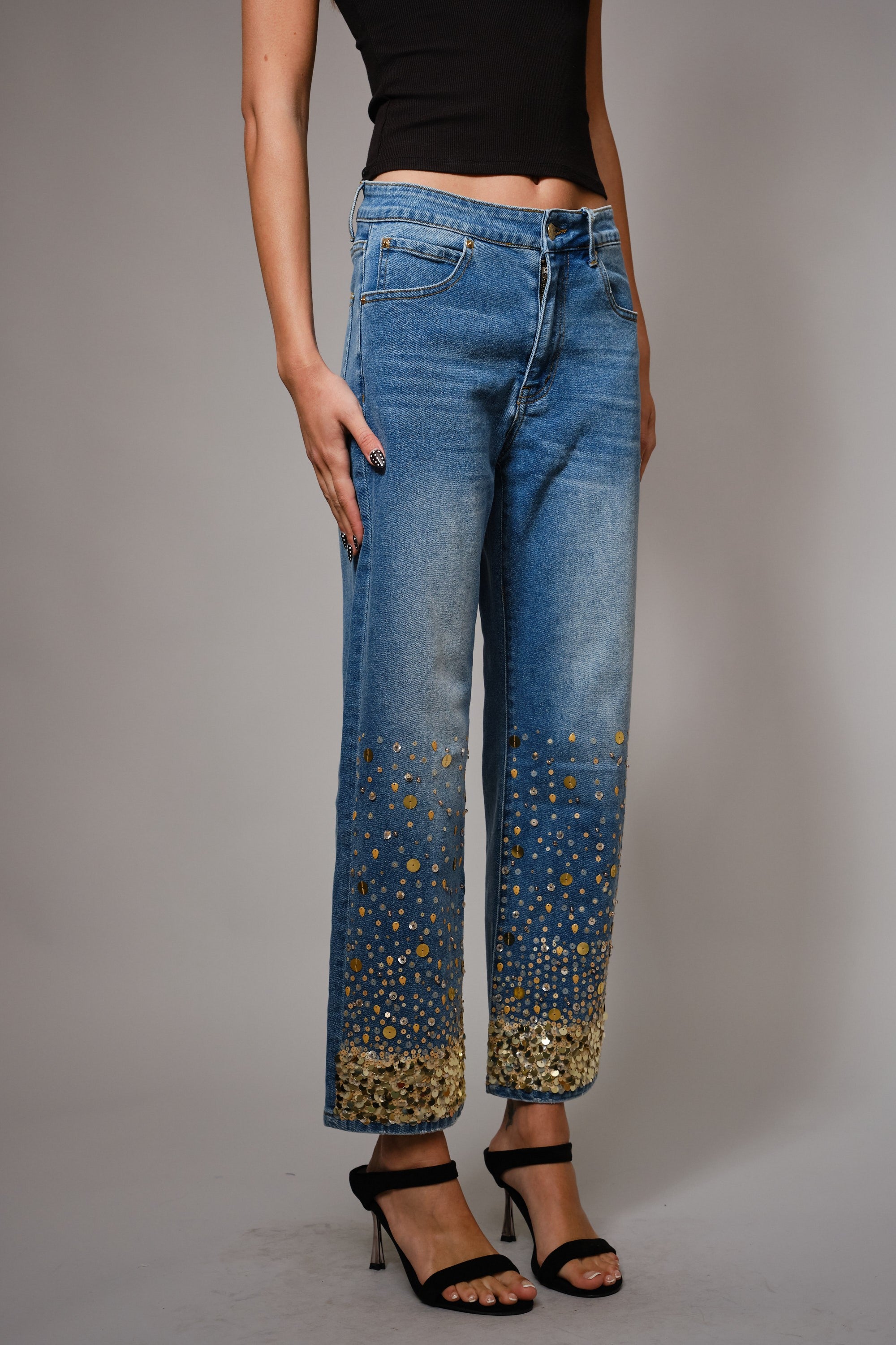 Gold Sequin Straight Leg Jeans