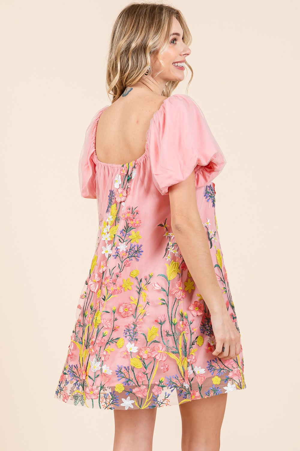 Embroidered Mesh Mini Dress