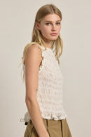 Smocked Lace Trim Sleeveless Top