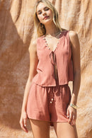 Linen Front Tie Top And Shorts Set