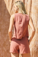 Linen Front Tie Top And Shorts Set