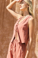 Linen Front Tie Top And Shorts Set