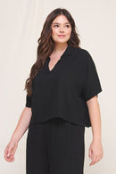 Black Linen Blend Cropped Dolman Shirt
