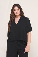 Black Linen Blend Cropped Dolman Shirt
