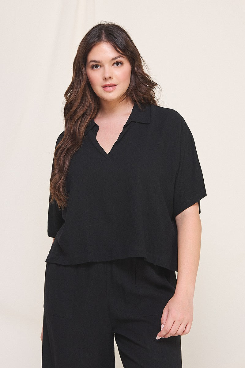 Black Linen Blend Cropped Dolman Shirt