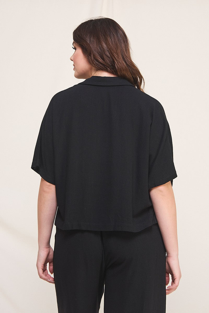 Black Linen Blend Cropped Dolman Shirt