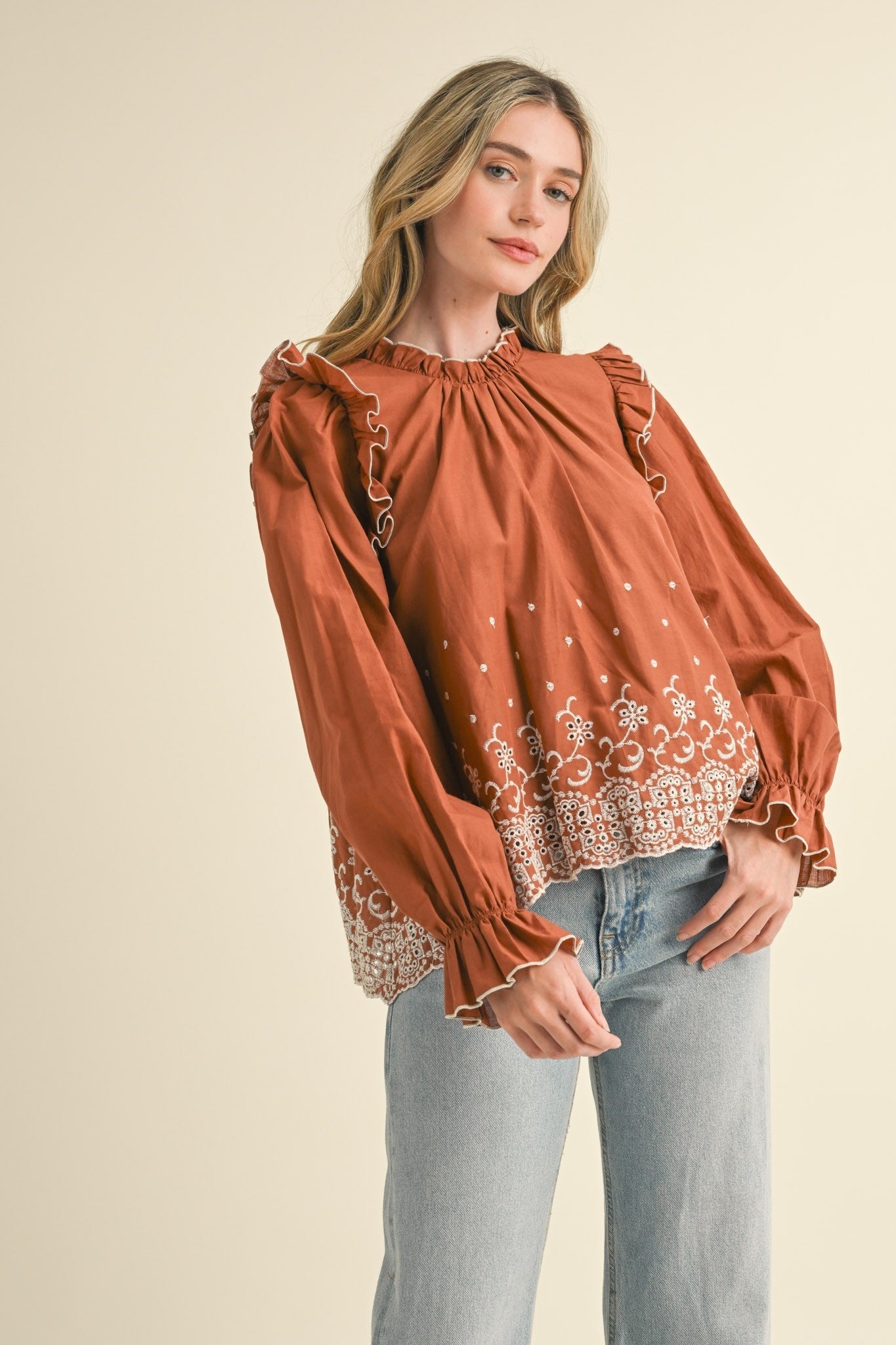 Ruffle Embroidered Detail Blouse