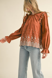 Ruffle Embroidered Detail Blouse