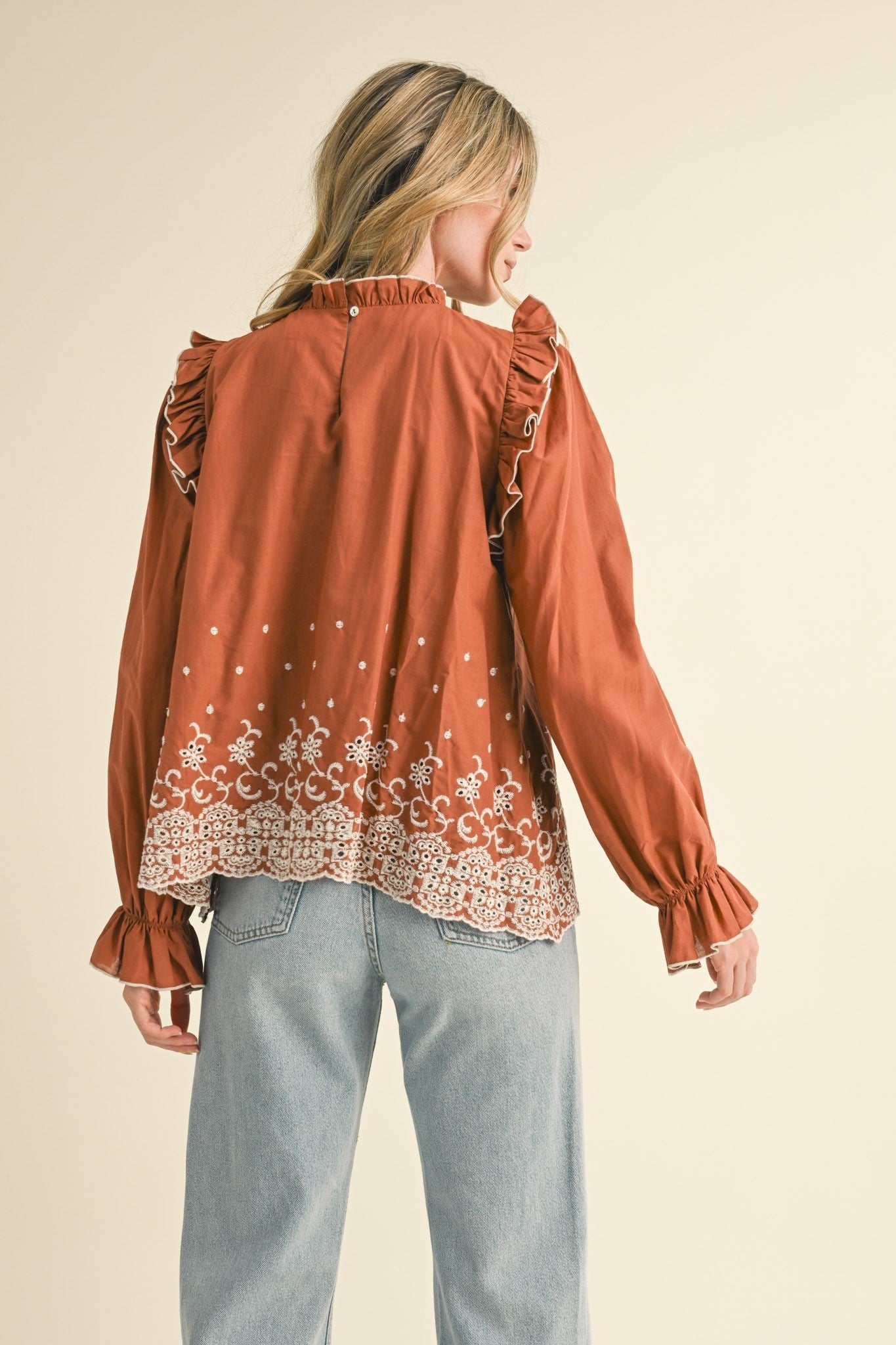 Ruffle Embroidered Detail Blouse