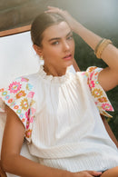 Embroidered Flutter Ruffle Sleeve Top