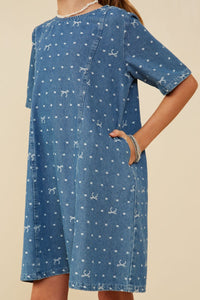 Bow Print Denim Dress