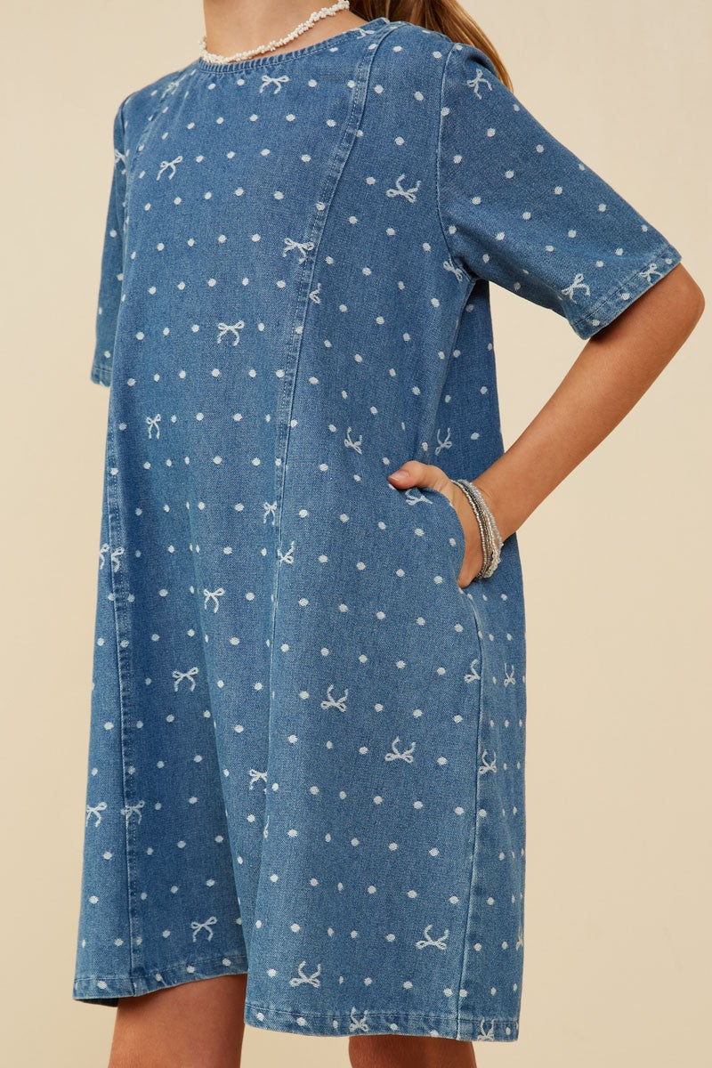 Bow Print Denim Dress