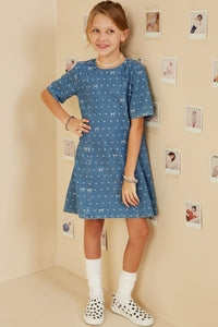 Bow Print Denim Dress
