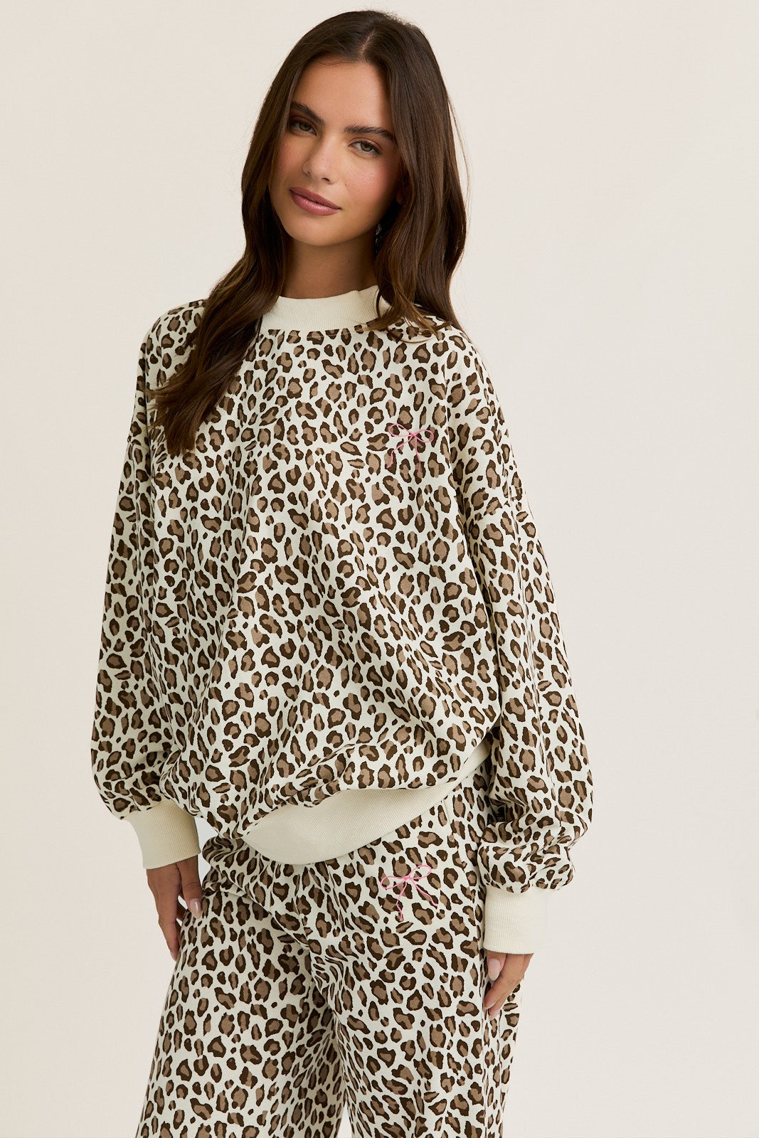 Leopard Bow Embroidered Lounge Set