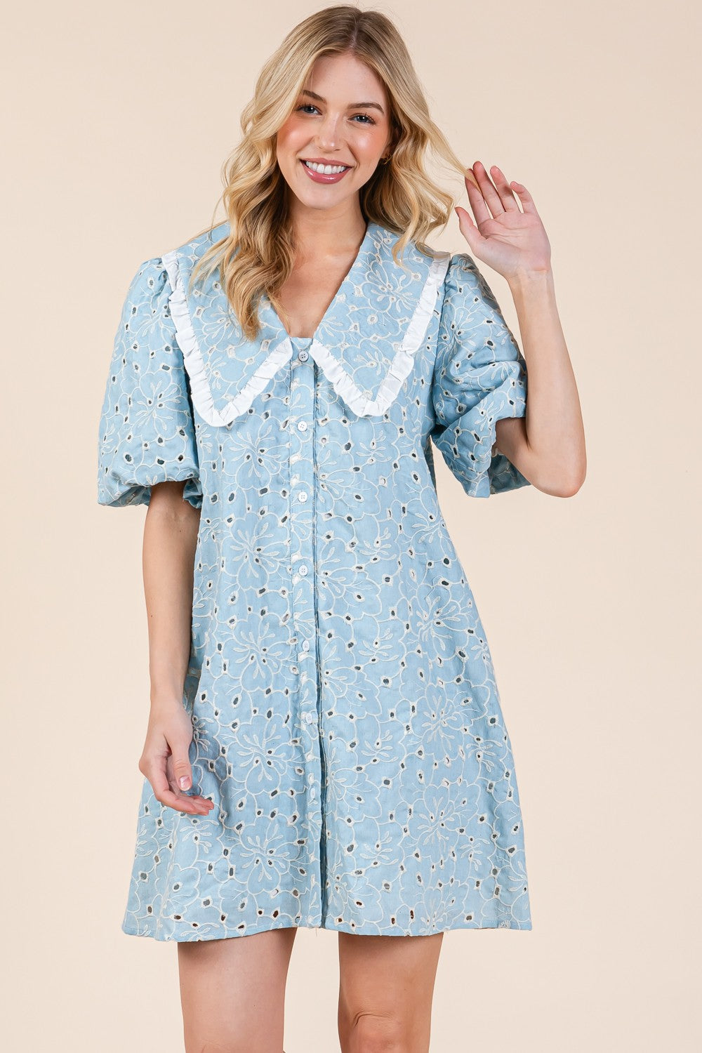 blue peter pan collar dress Soleilclo Turquoise Hand Smocked Cotton Okhaistore The Reclaimed Vintage denim mini smock dress is a stylish addition to your winter wardrobe Girls Hand-Smocked Dress with Hand-Stitched