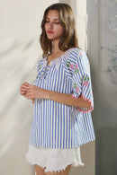 Embroidered Sleeve Striped Top