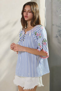 Embroidered Sleeve Striped Top
